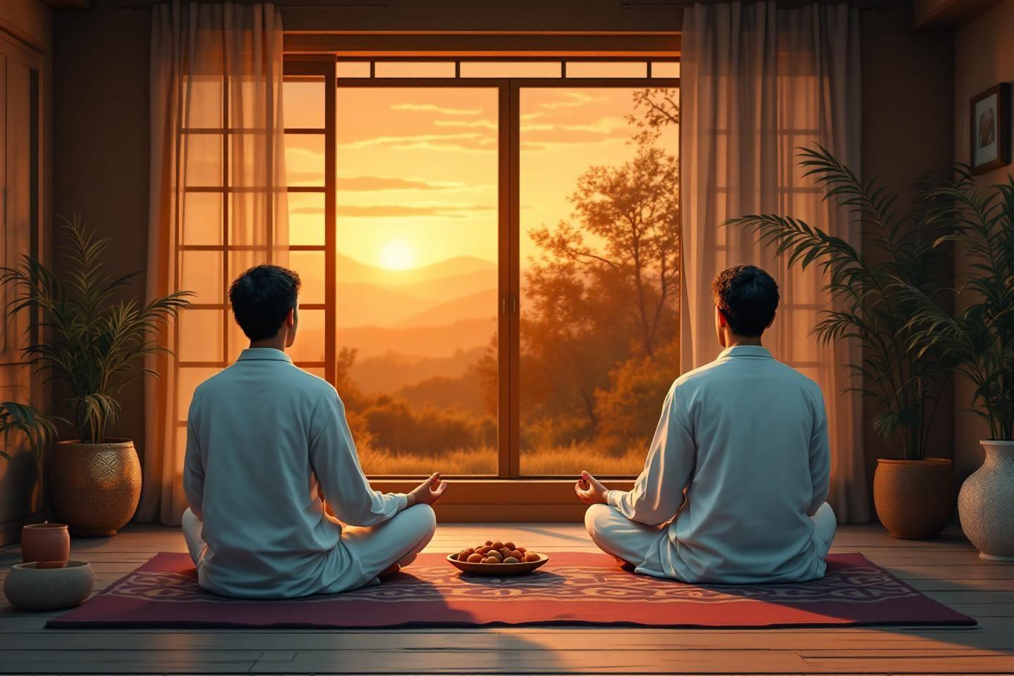 Deux personnes méditant face à un paysage doré