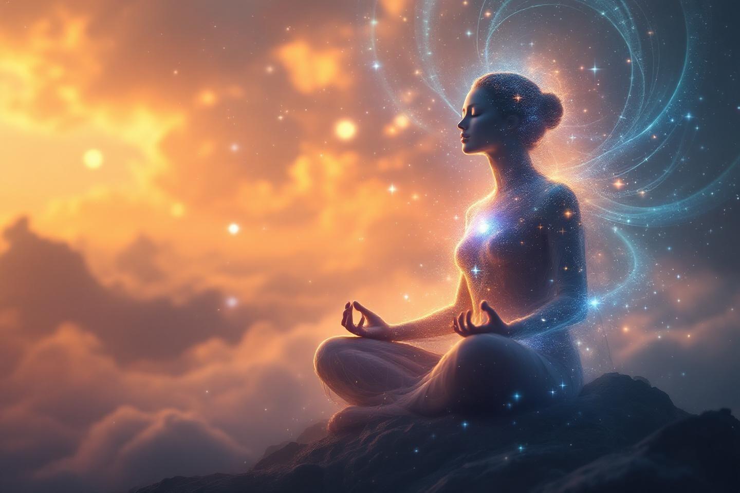 Silhouette méditative connectée à l'univers étoilé