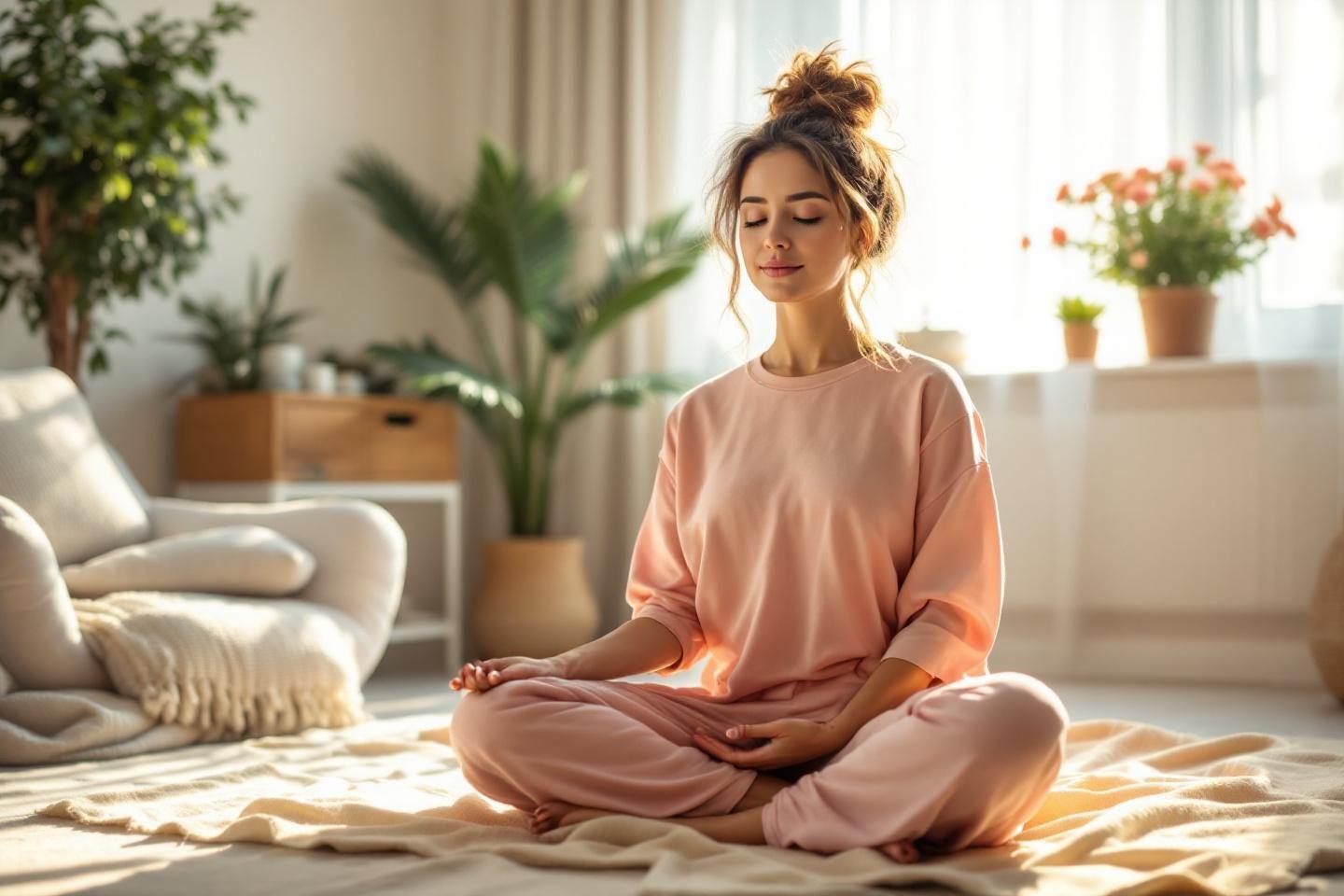 Femme en tenue rose méditant dans un intérieur lumineux