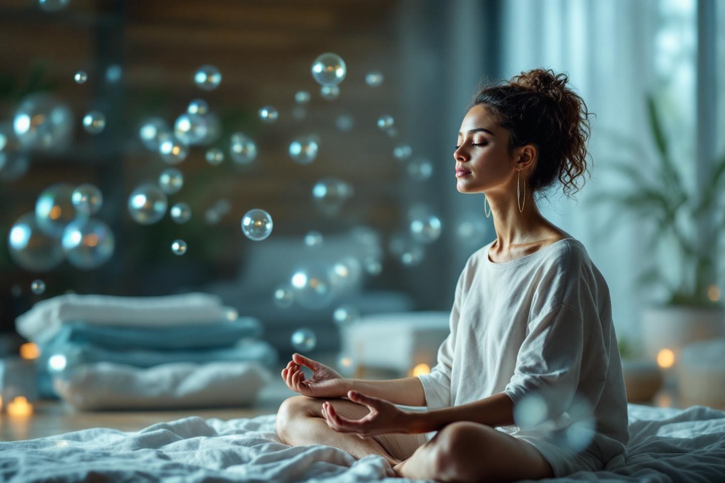 Femme méditant sur un lit, bulles de savon dans l'atmosphère