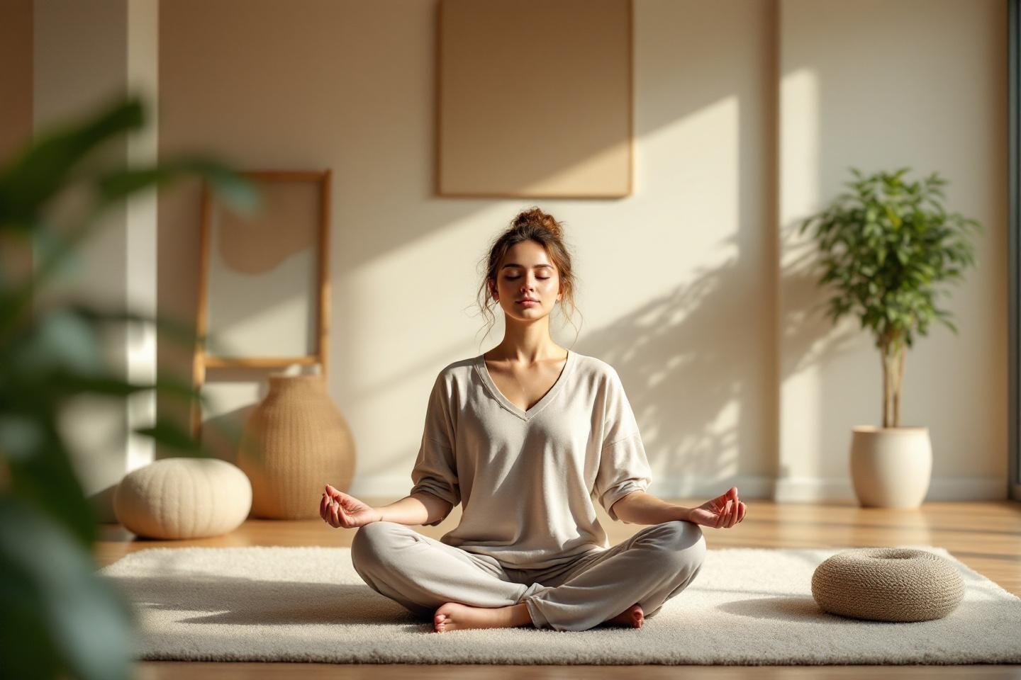 Femme assise en tailleur, méditant dans un espace zen
