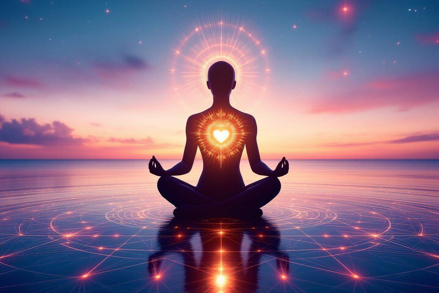 Silhouette en position de lotus, chakra du cœur brillant sur océan