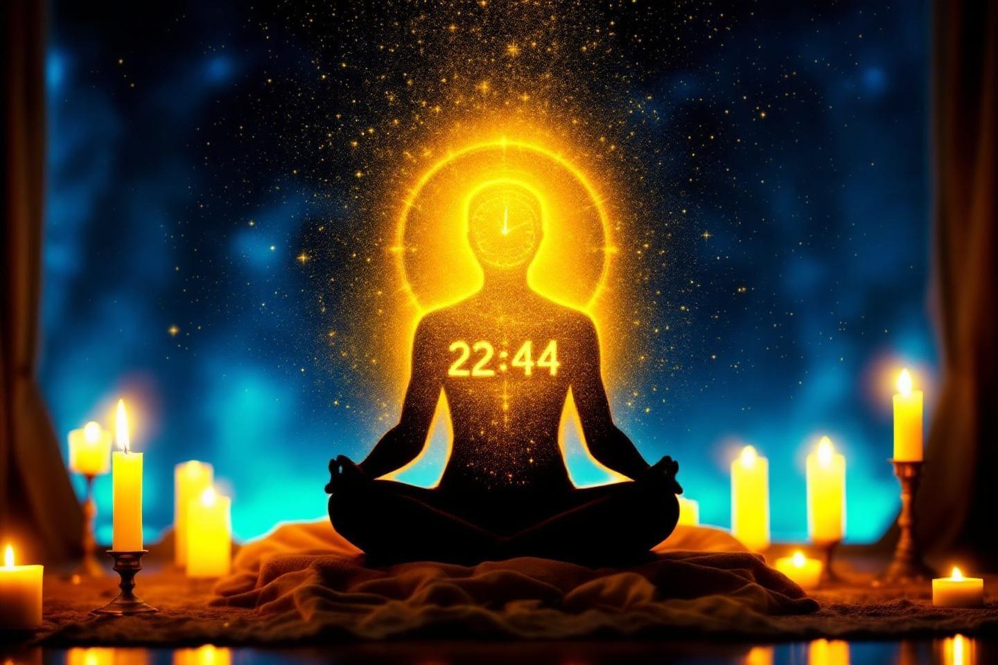 Silhouette méditative illuminée entourée de bougies dans un cosmos mystique