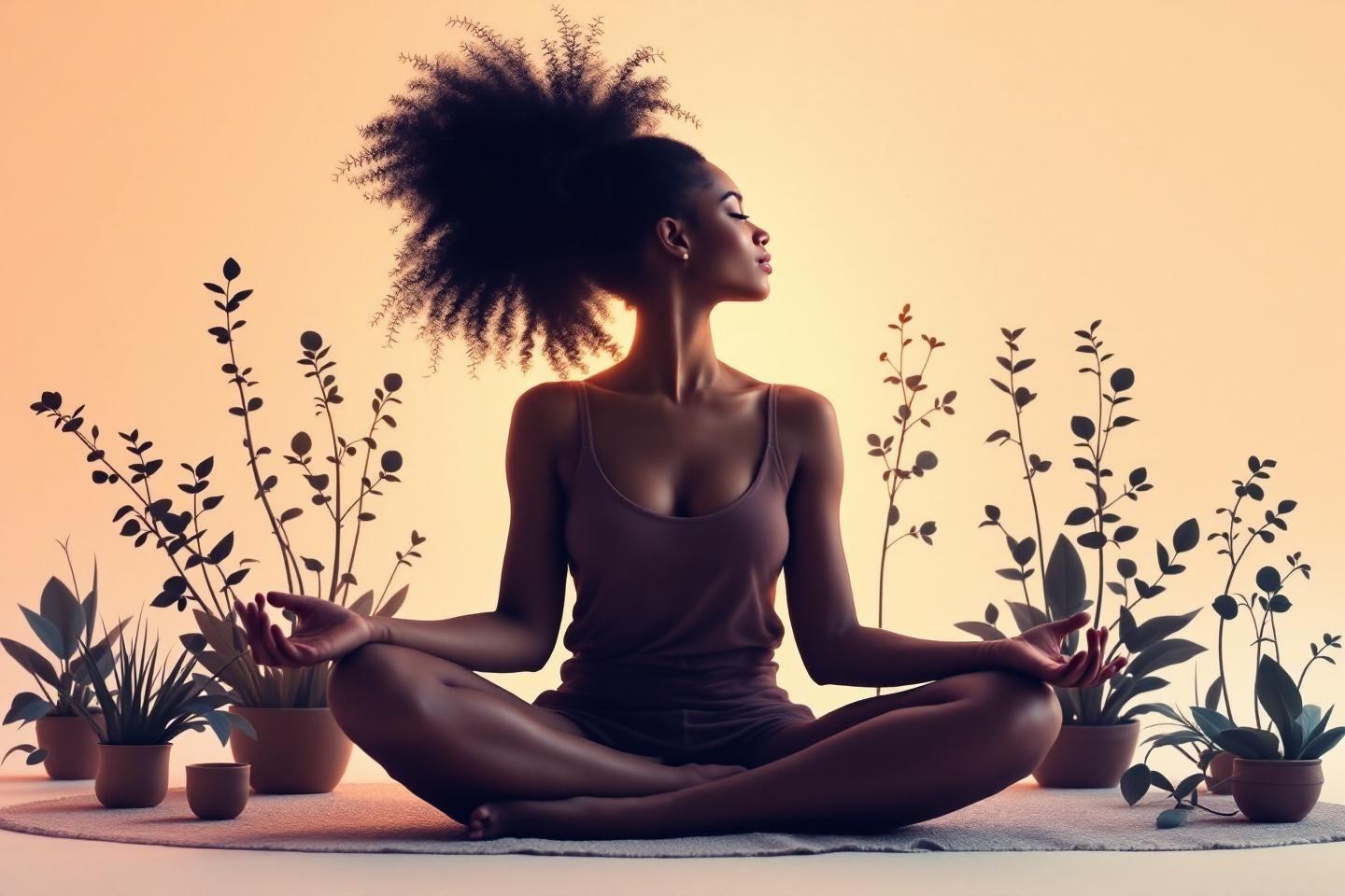 Femme méditant entourée de plantes vertes dans une lumière paisible