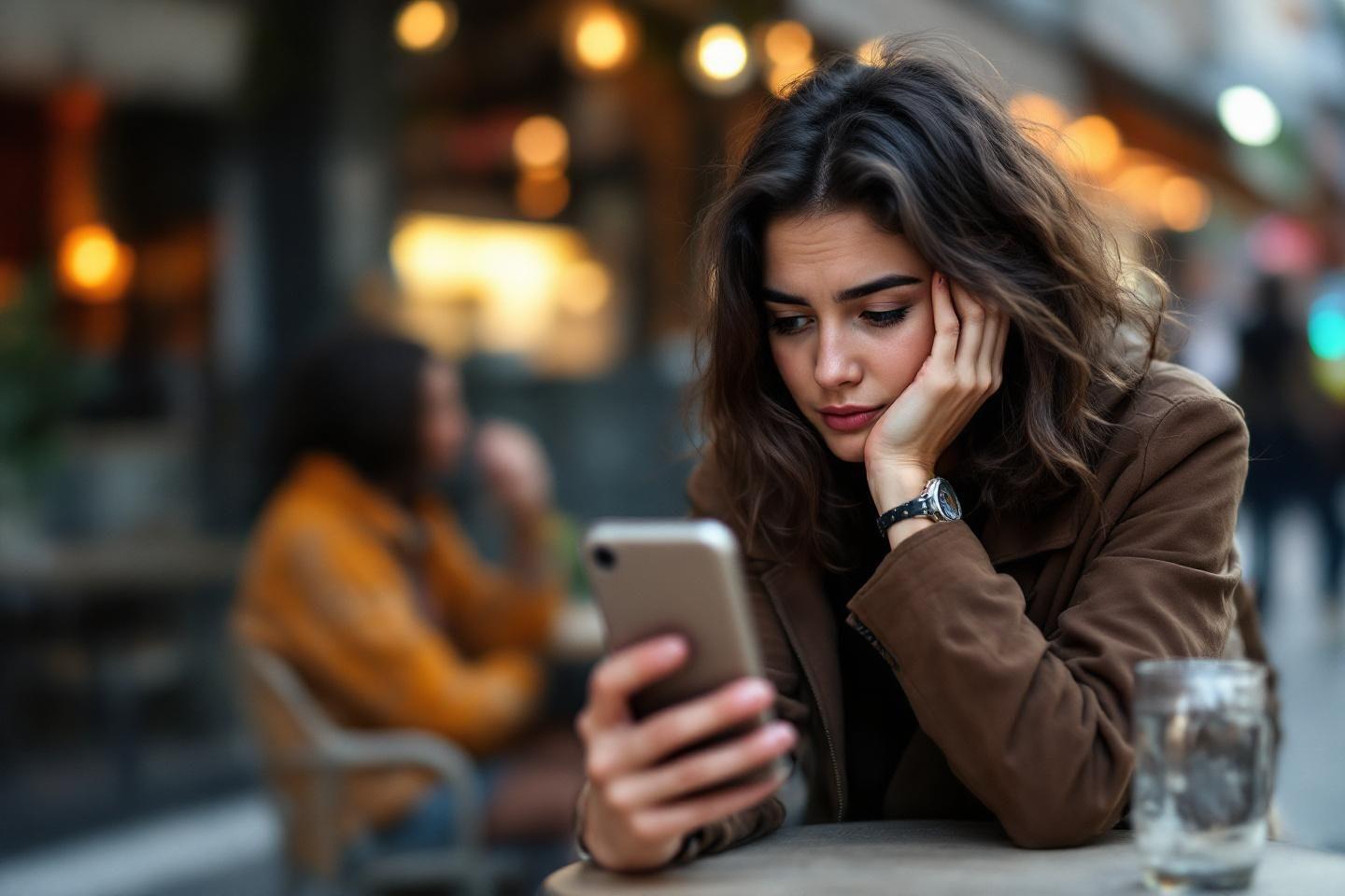 Femme pensive regardant son téléphone dans un café