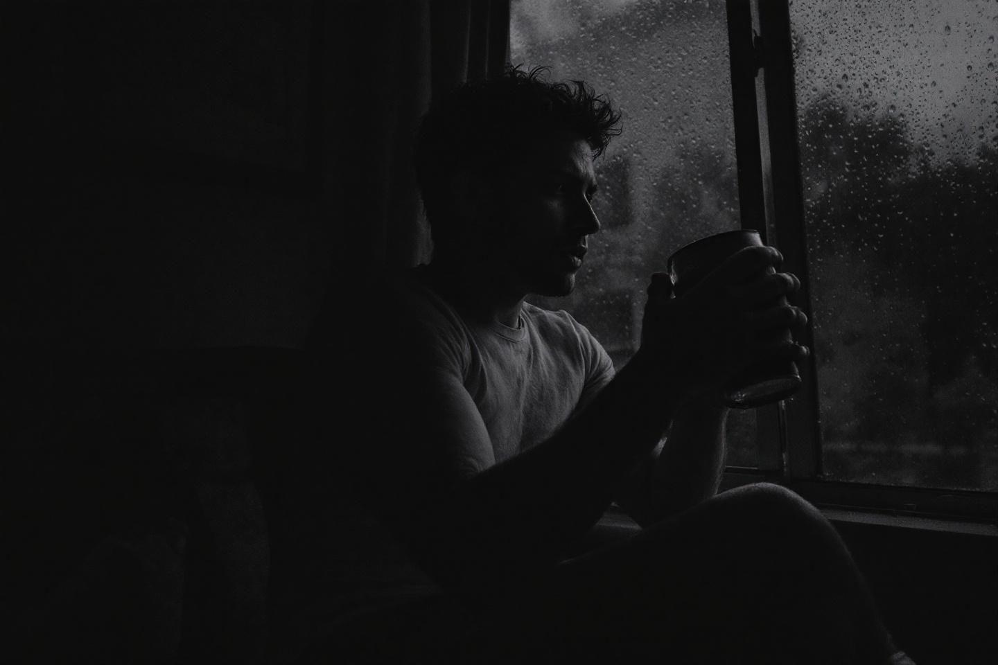 Silhouette sombre buvant près d'une fenêtre brumeuse
