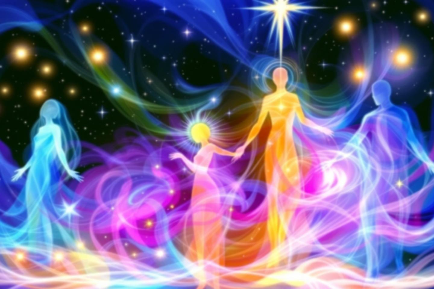 Figures lumineuses méditant dans un espace stellaire coloré
