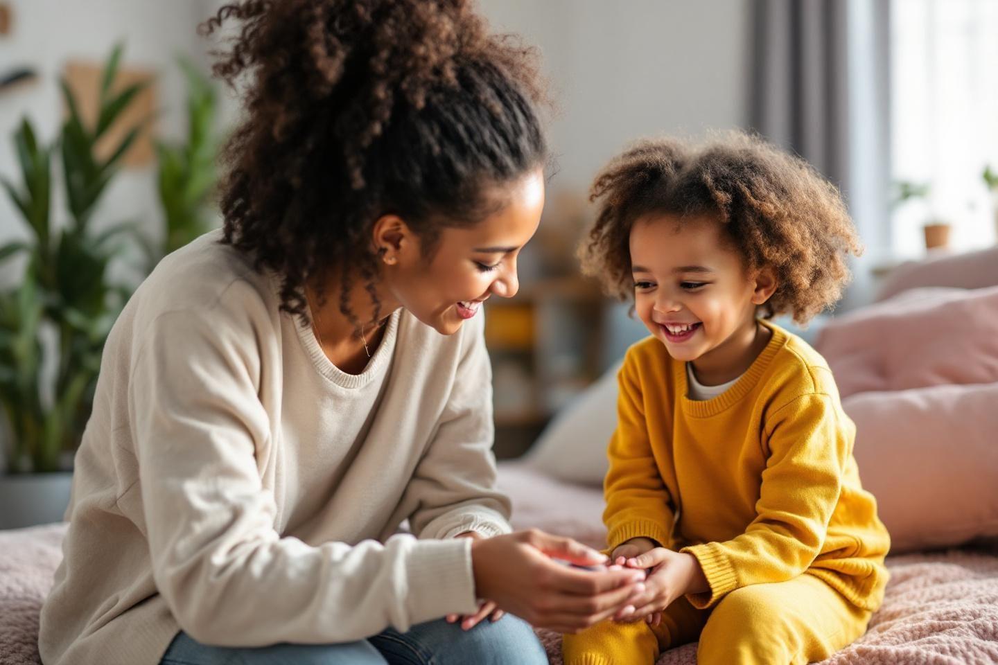 Femme souriante avec petite fille en pull jaune
