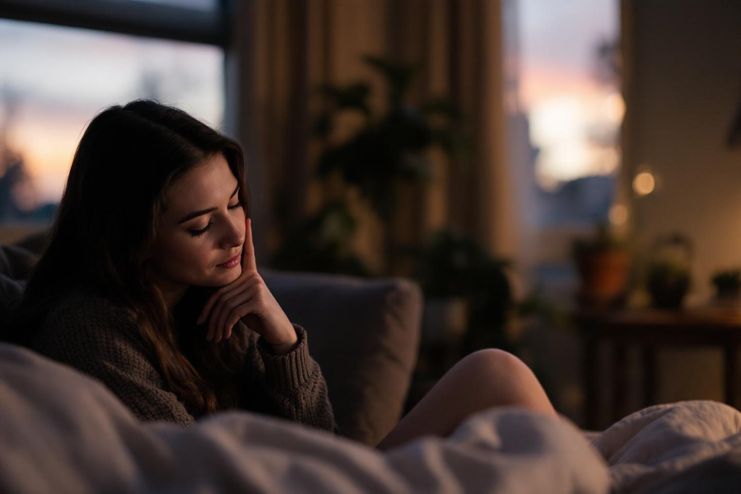 Femme pensive assise sur un canapé à la maison