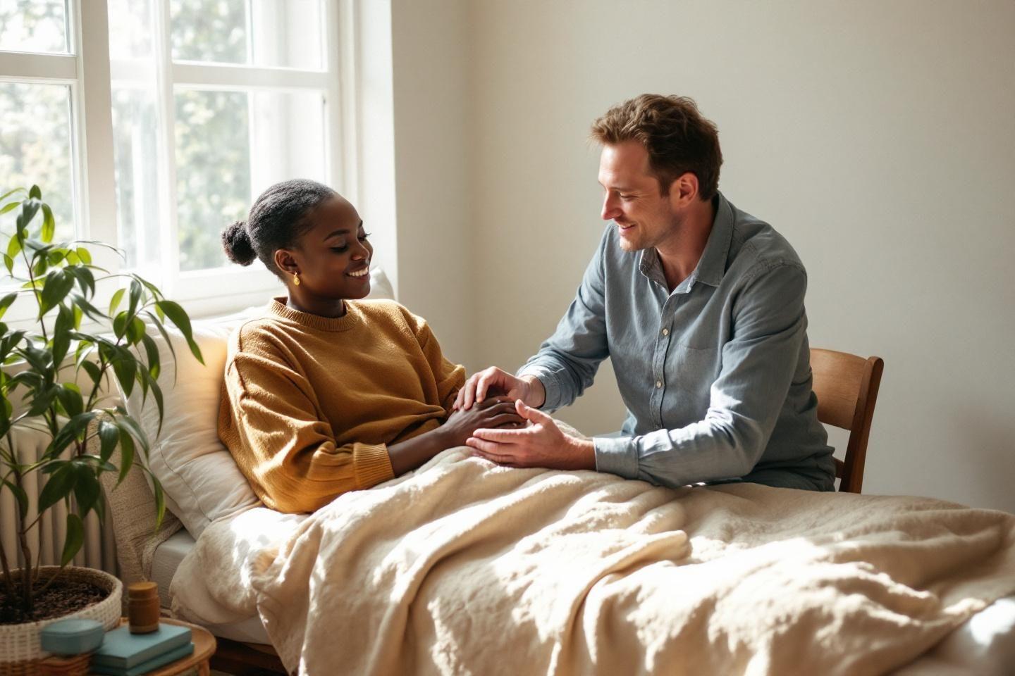 Deux personnes, l'une allongée, l'autre tenant sa main tendrement