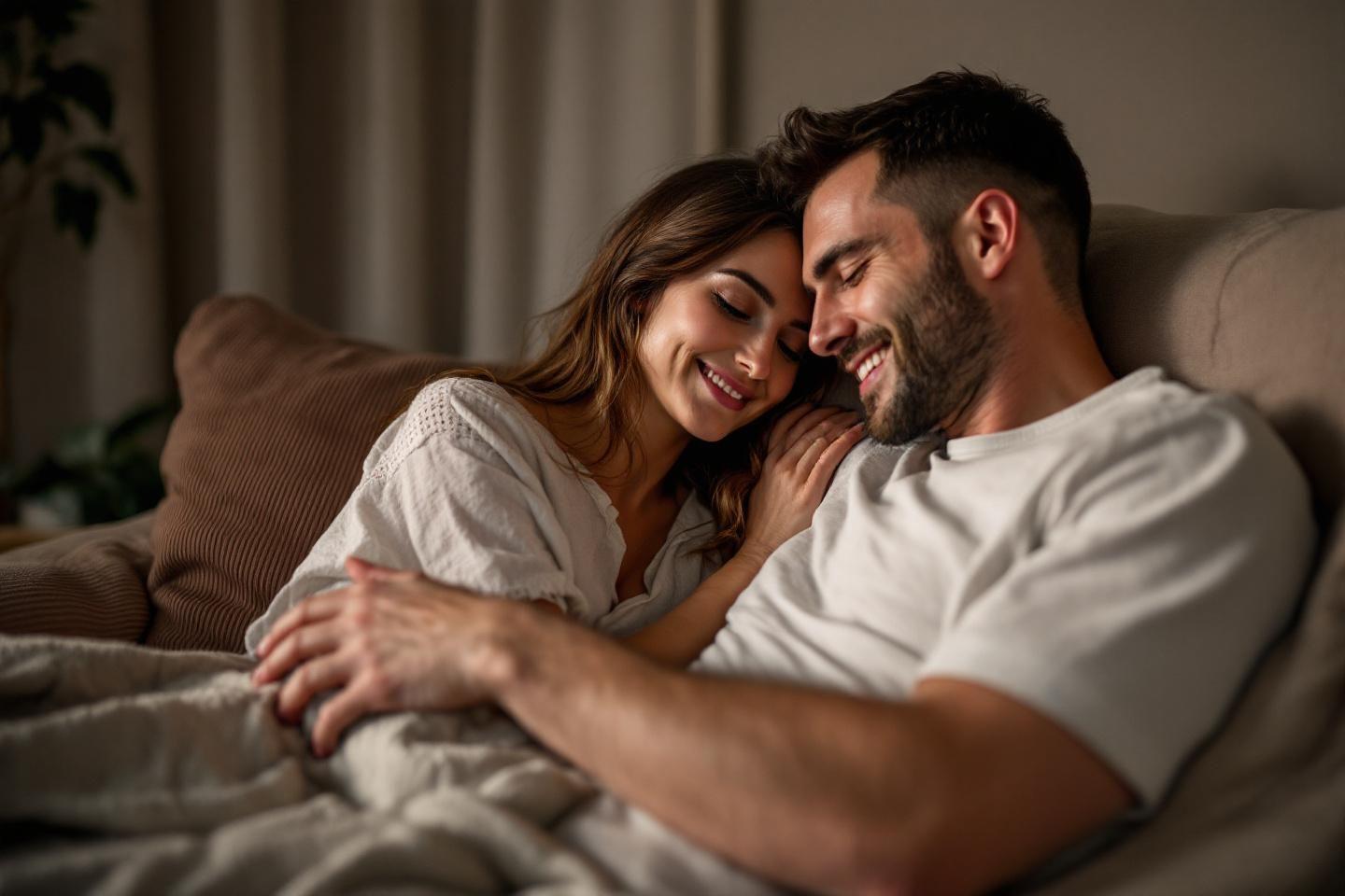 Couple enlacé, souriant, intimement blotti sur un canapé