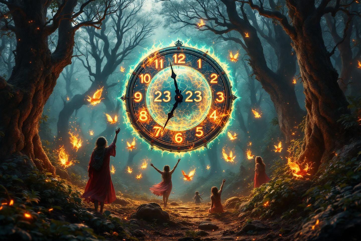 Horloge lumineuse dans une forêt mystérieuse avec des personnages