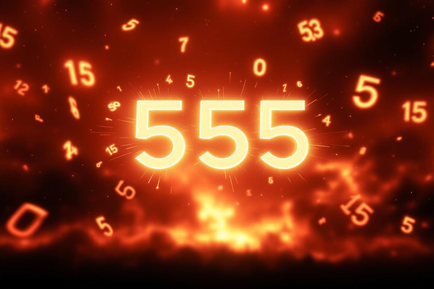 Chiffres 555 lumineux entourés de nombres flottants dans un fond rouge