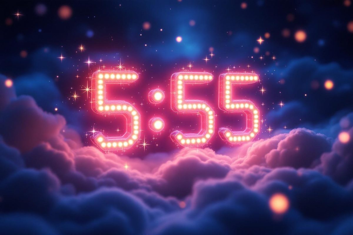 Chiffres lumineux 5:55 brillants au milieu de nuages nocturnes