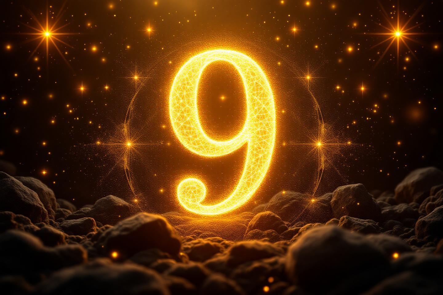 Chiffre 9 brillant doré flottant sur des rochers nuageux