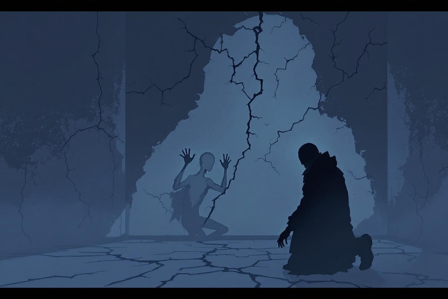 Deux silhouettes dans une pièce sombre et craquelée