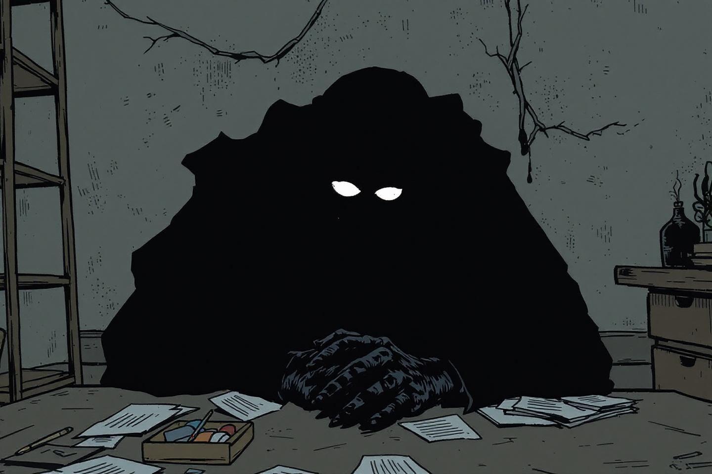 Silhouette sombre avec yeux blancs surplombant des documents