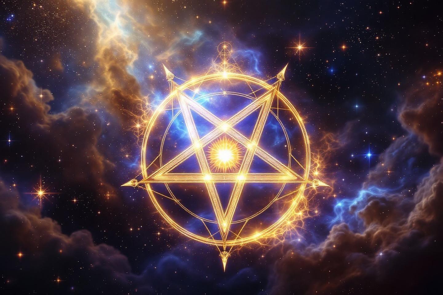 Symbole étoilé brillant au centre d'un paysage stellaire