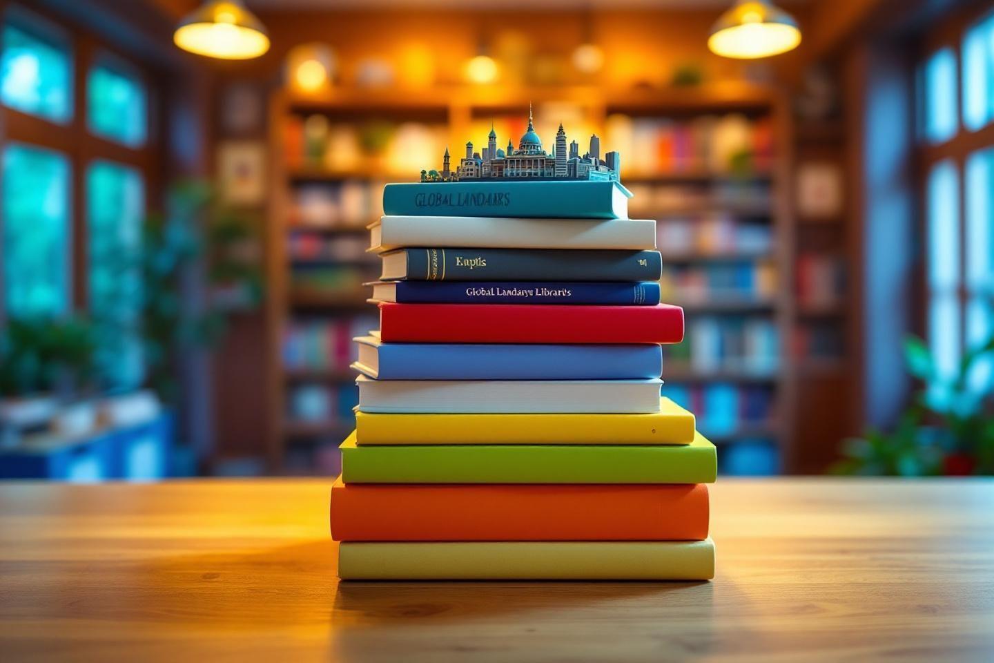 Livres empilés avec silhouette de ville sur le dessus