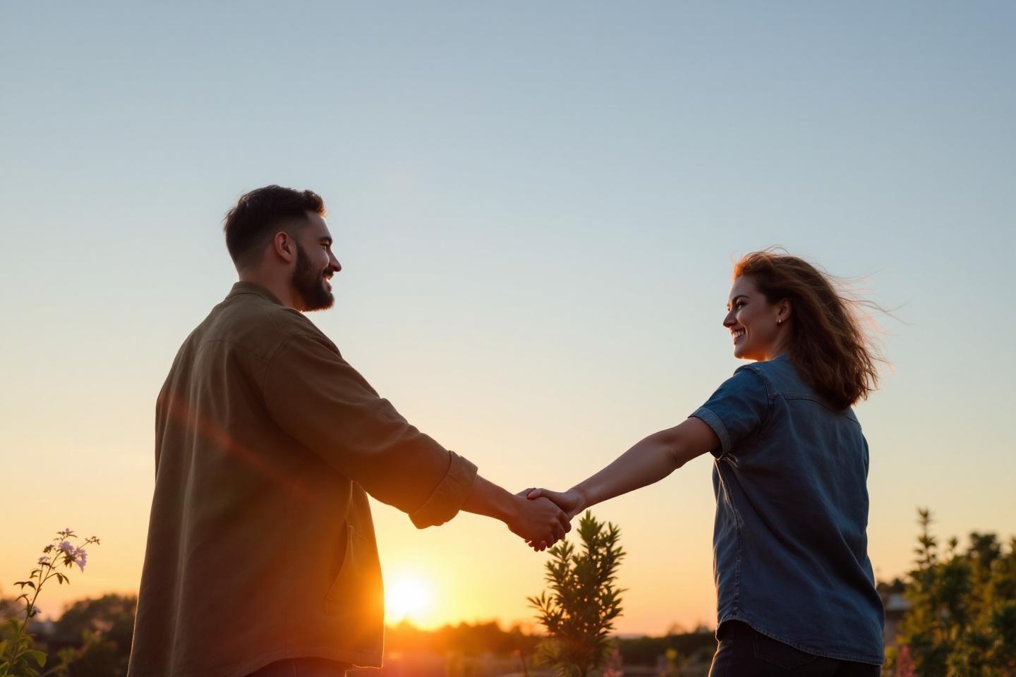 Deux personnes se serrant la main lors d'un lever de soleil