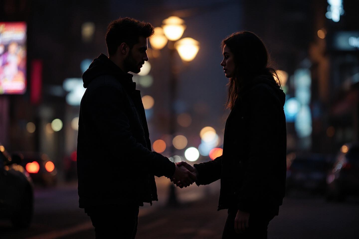 Deux silhouettes se serrant la main dans une rue sombre