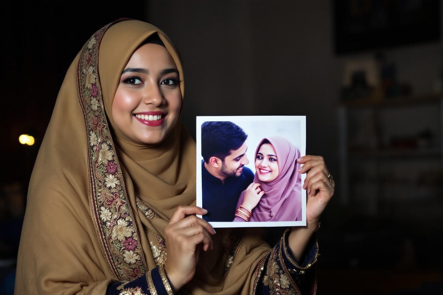Femme souriante en hijab tenant une photo romantique de couple