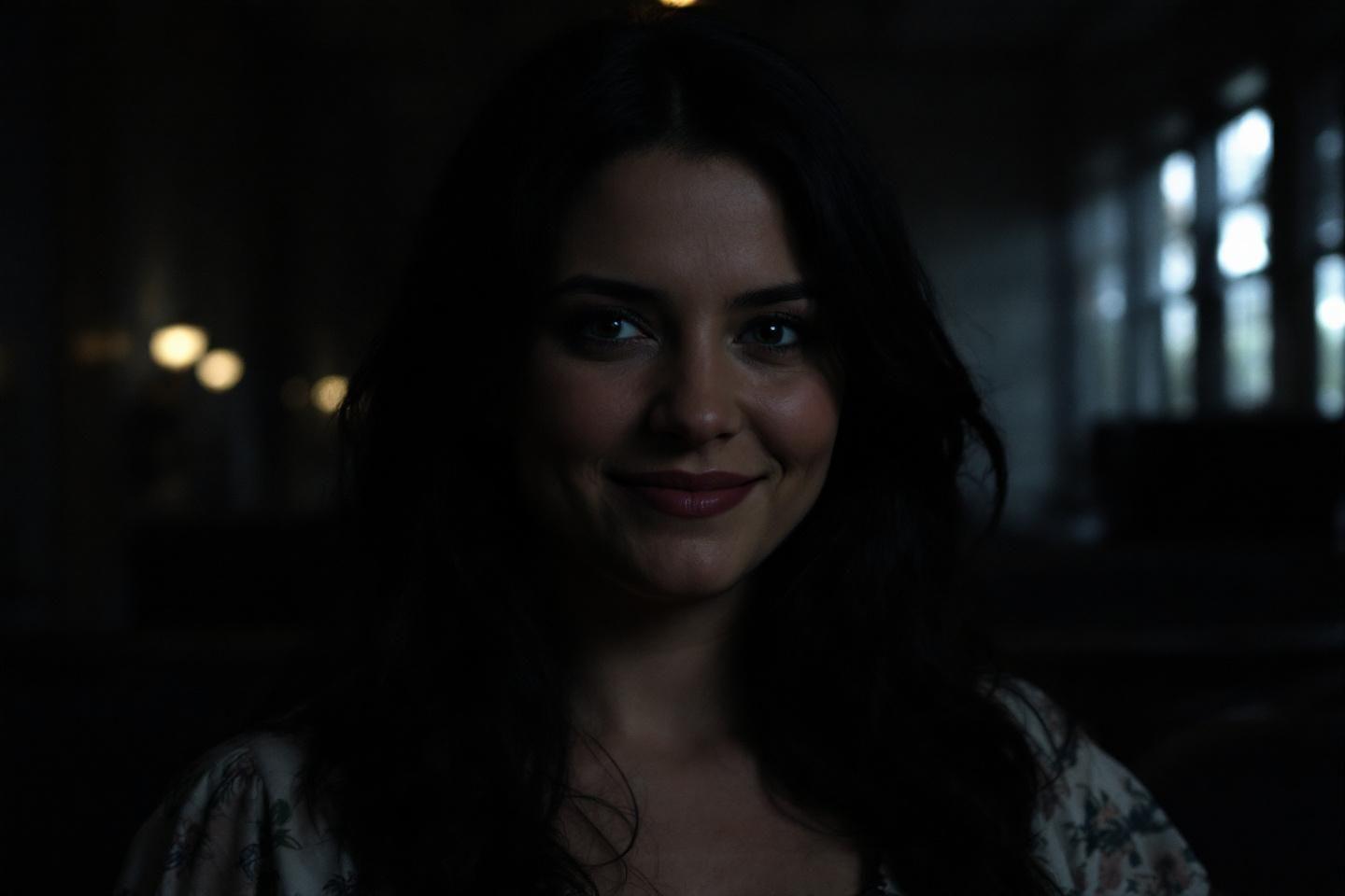 Visage souriant émergent d'un arrière-plan sombre et mystérieux