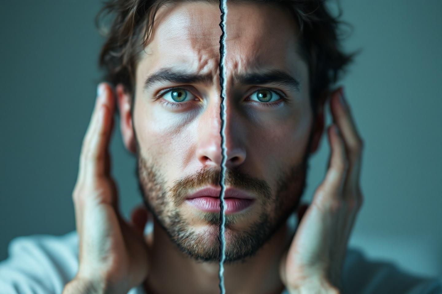 Visage d'homme fendu, montrant différentes émotions