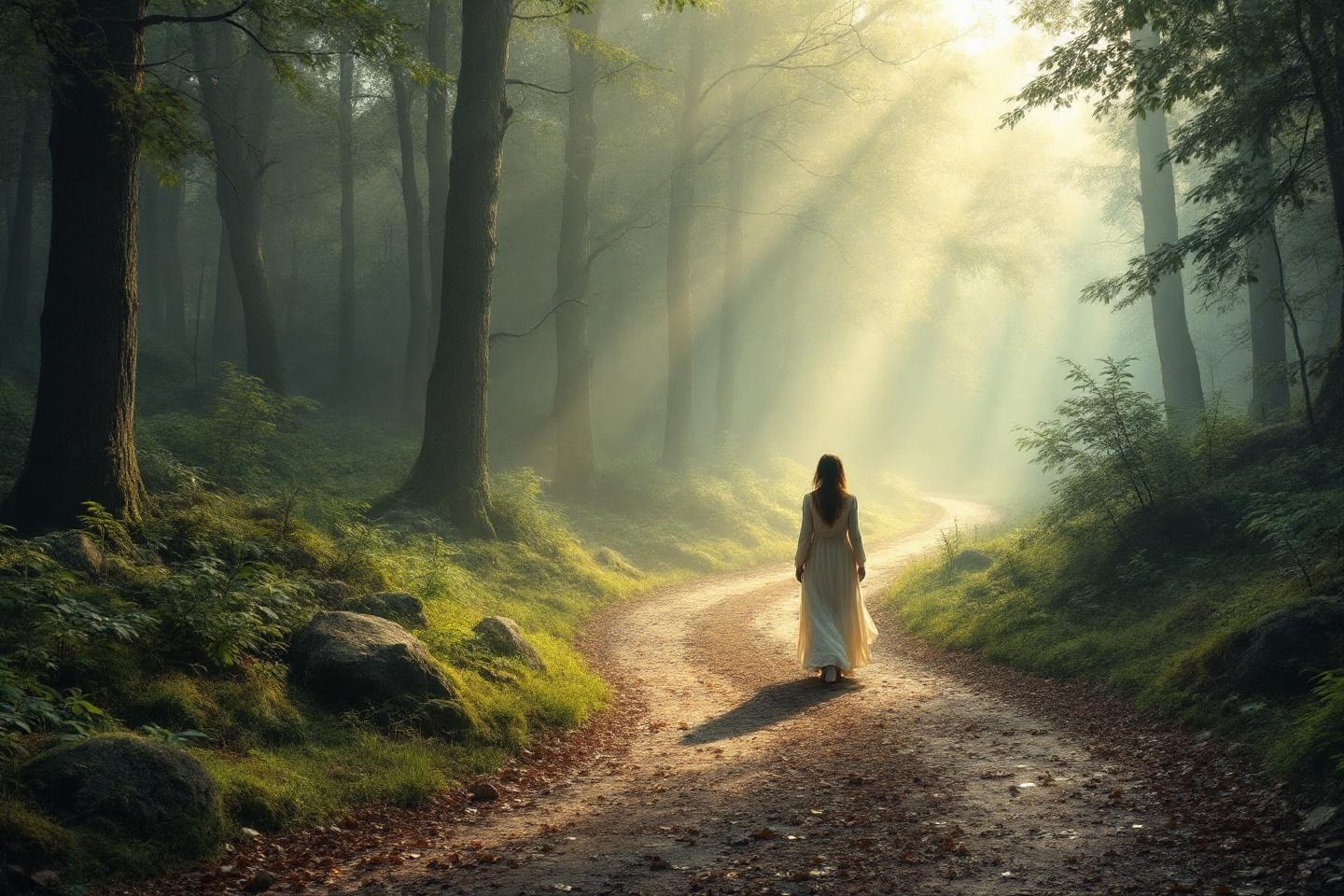 Silhouette solitaire marchant dans une forêt brumeuse