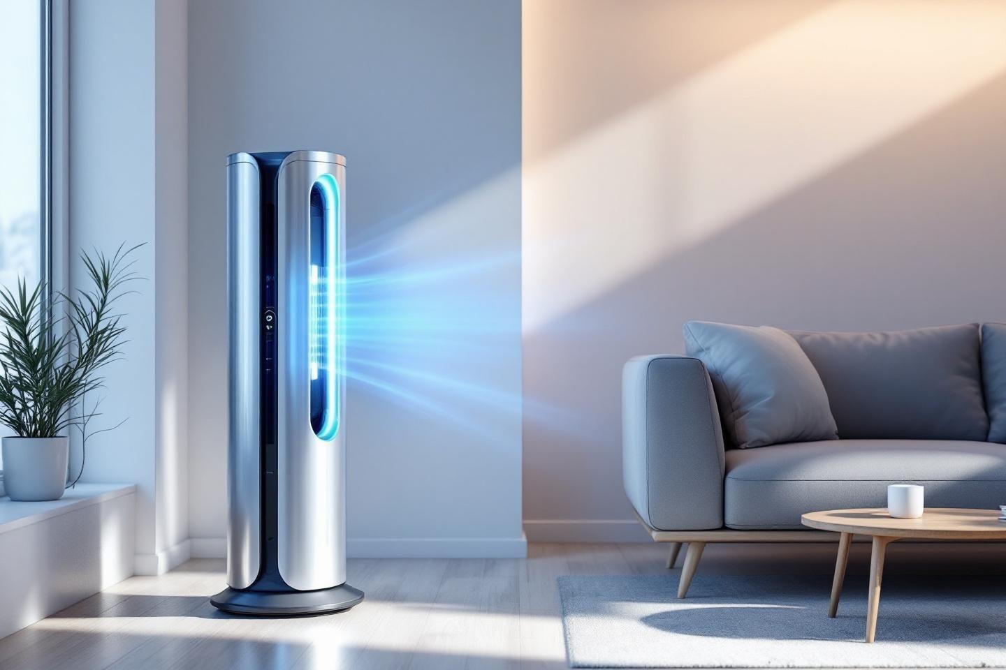 Appareil cylindrique bleu émettant de la lumière dans un salon