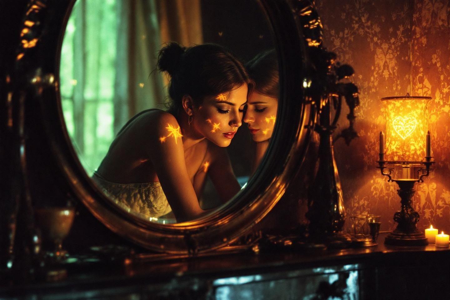 Deux silhouettes féminines près d'un miroir dans une ambiance tamisée