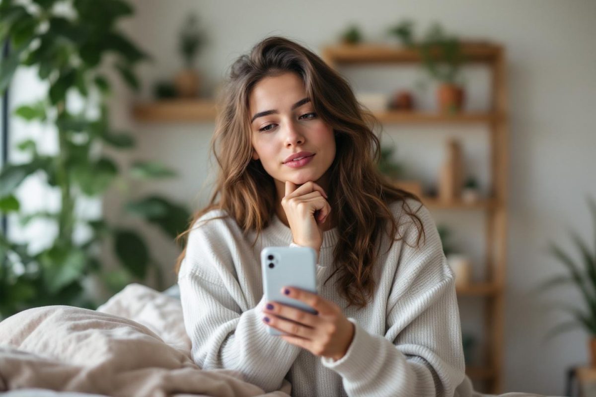 Jeune femme songeuse dans un pull blanc, tenant un téléphone
