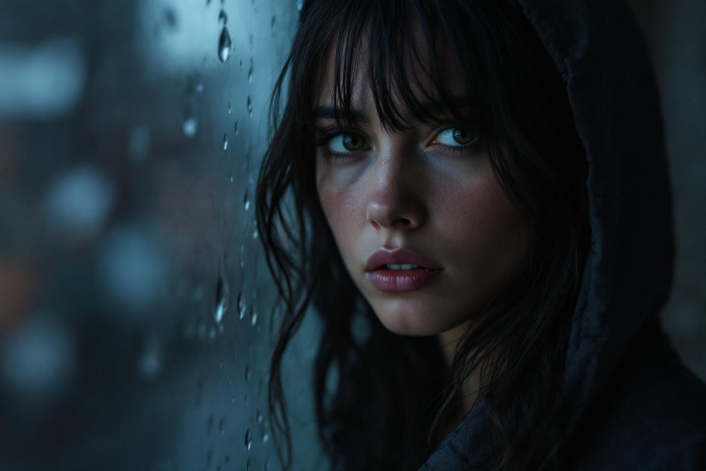 Visage de femme pensive près d'une fenêtre pluvieuse