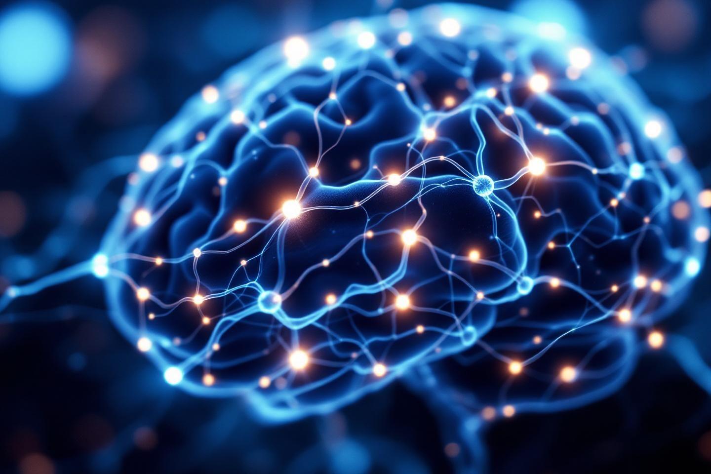 Cerveau bleu avec connexions neuronales brillantes et points lumineux