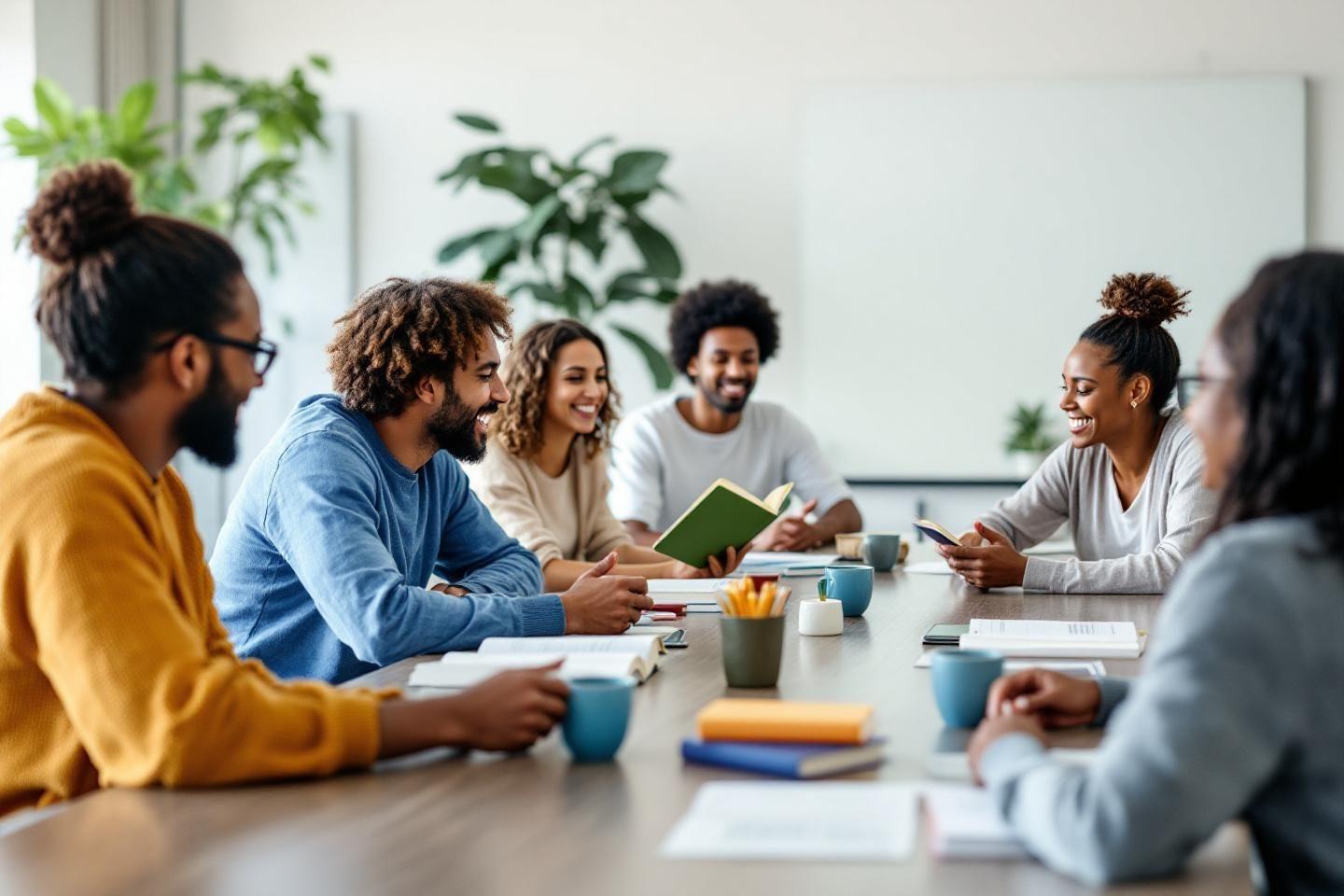 Groupe souriant autour d'une table avec des documents et tasses