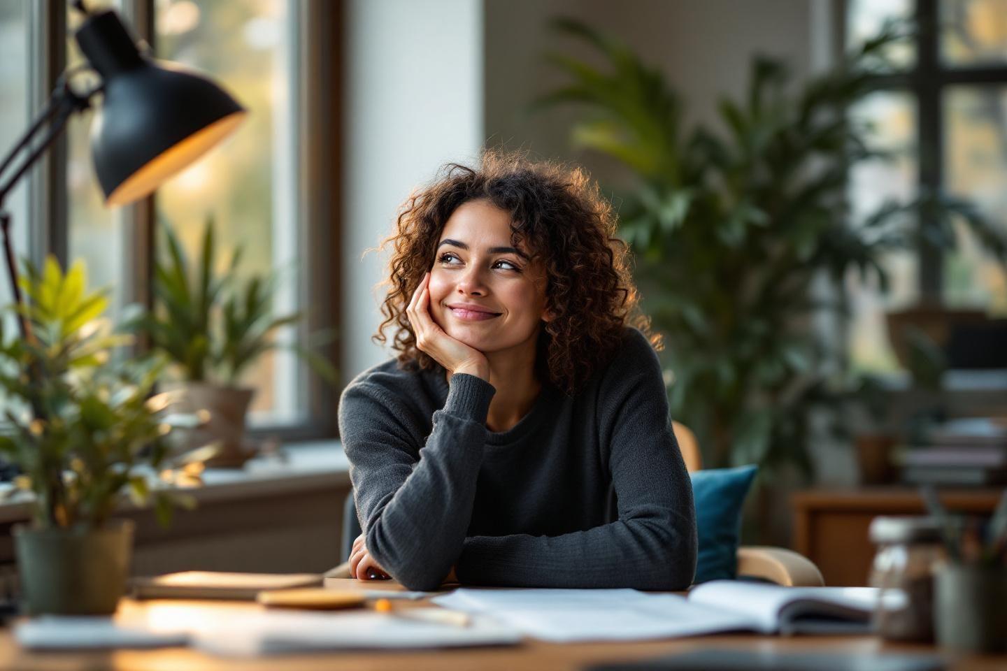 Femme souriante, pensive, assise à son bureau avec des plantes