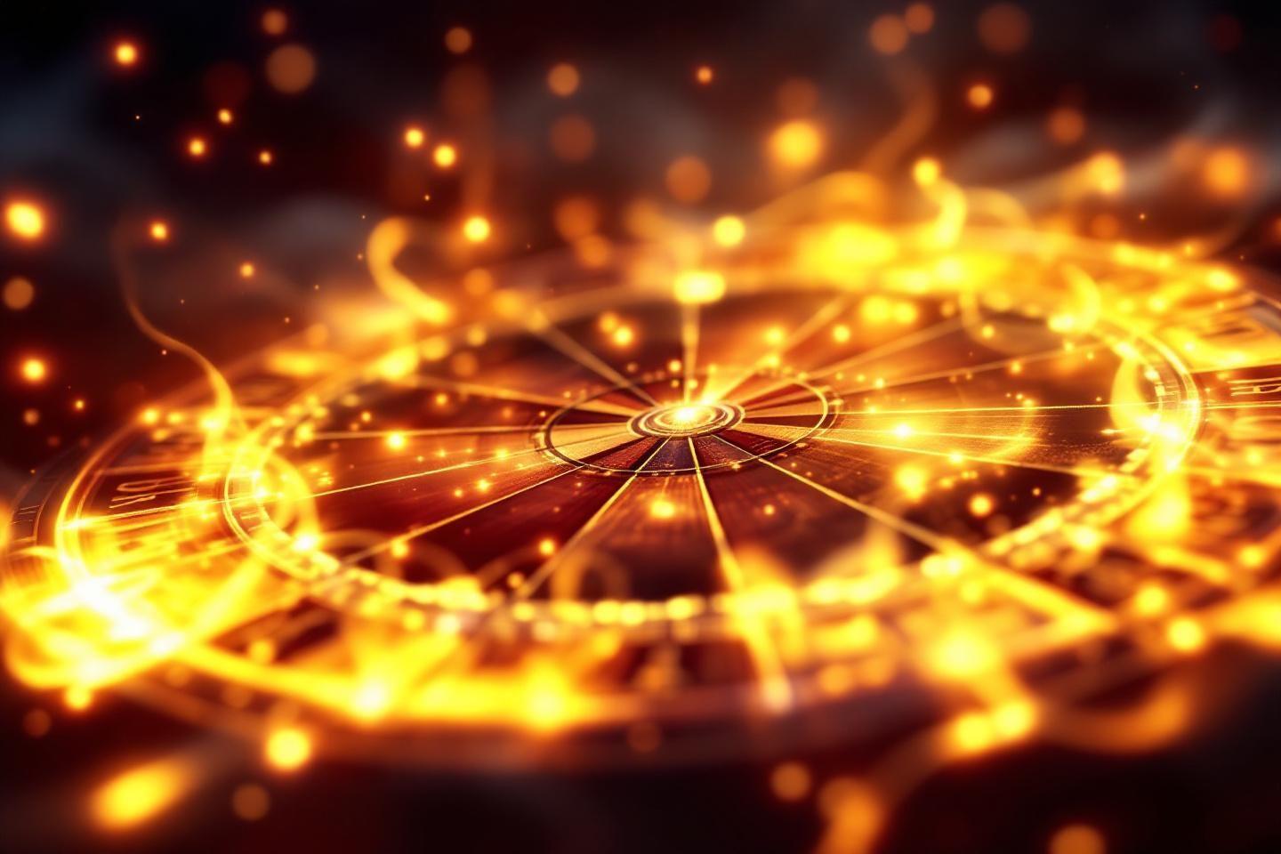 Cercle lumineux doré entouré de flammes et d'étincelles scintillantes