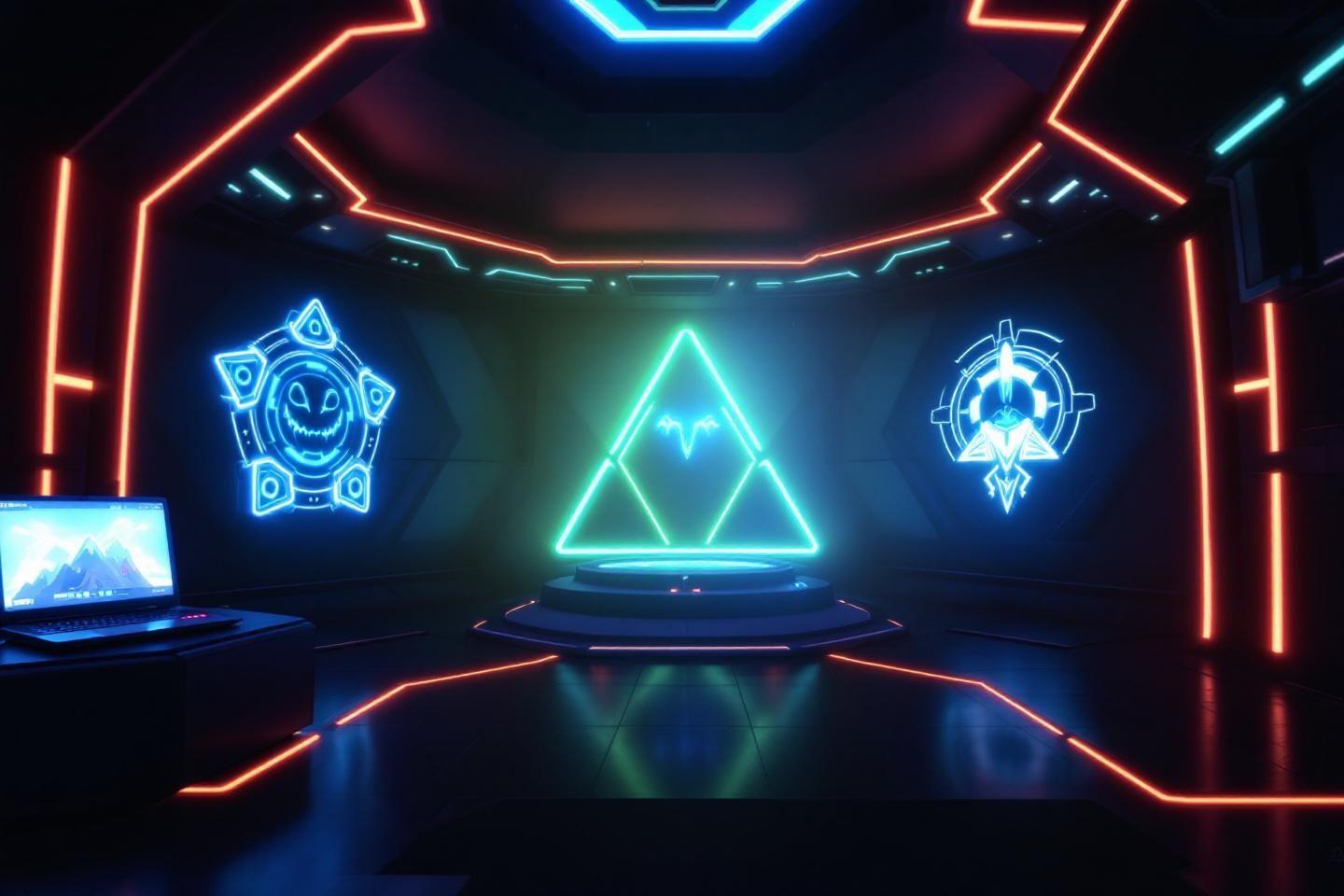 Scène cyberpunk avec symboles lumineux bleus et triangles géométriques