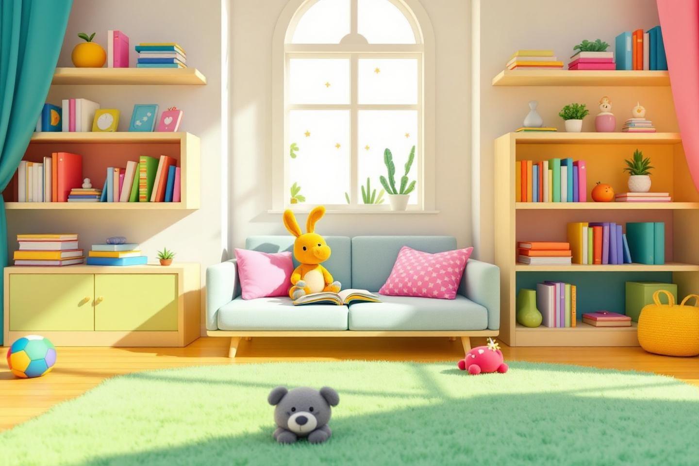 Intérieur lumineux avec canapé, étagères, lapin et ours en peluche