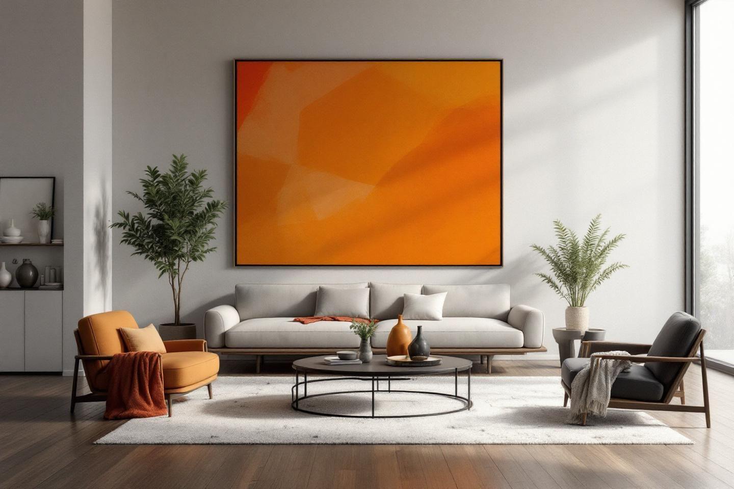 Intérieur élégant avec canapé gris, fauteuils et grand tableau orange