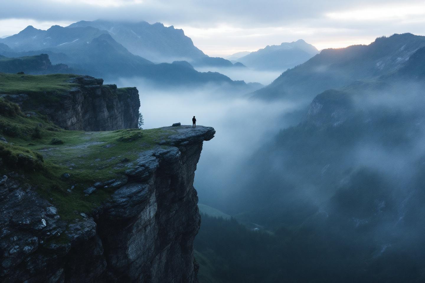 Silhouette solitaire sur falaise rocheuse dominant vallée montagneuse brumeuse