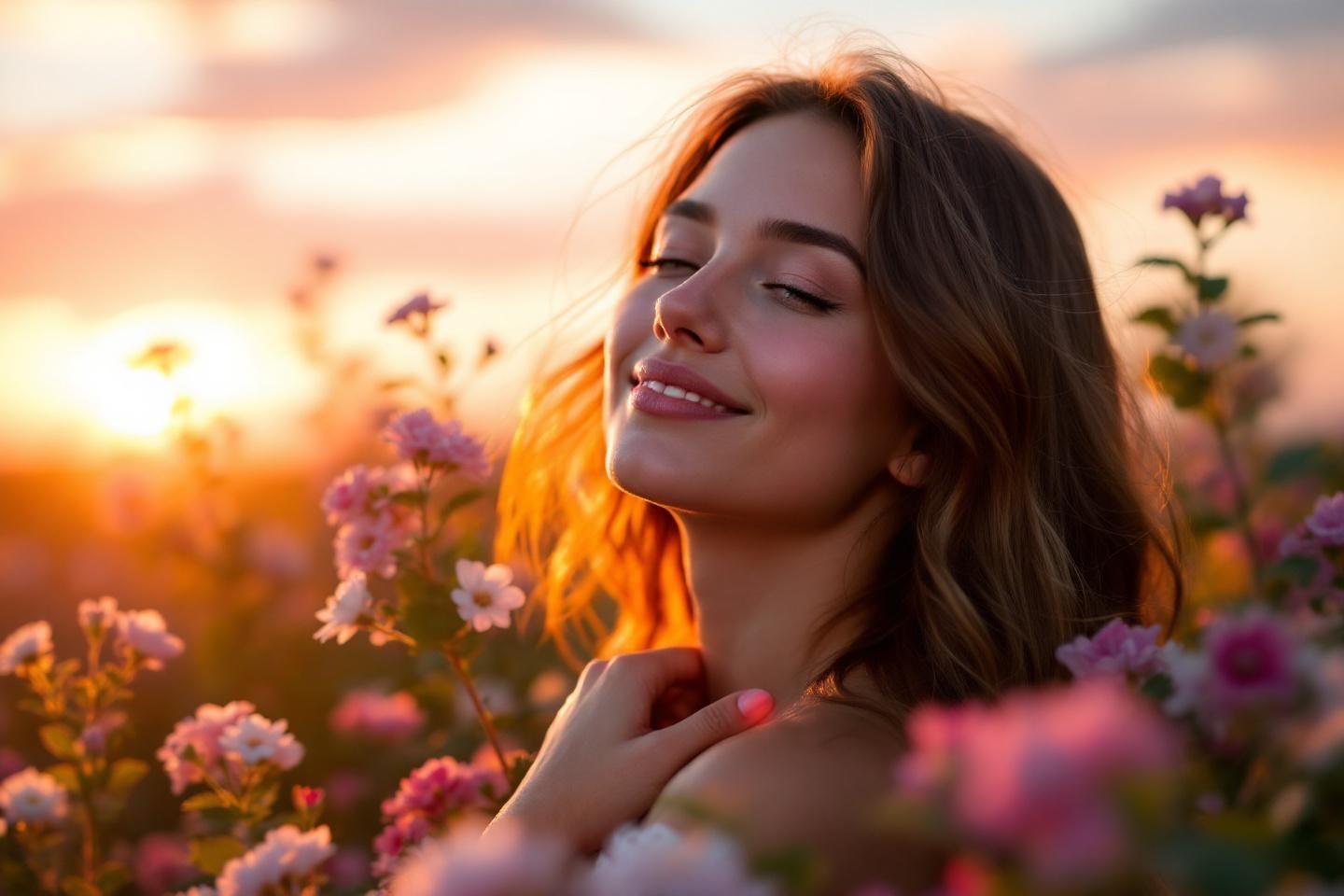 Femme souriante yeux fermés dans champ de fleurs au coucher soleil