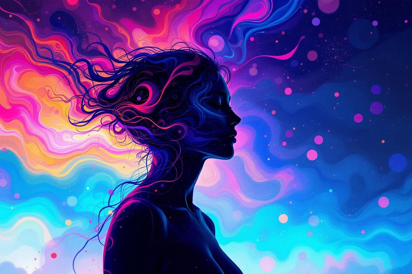 Profil féminin dans un univers psychédélique de couleurs ondulantes