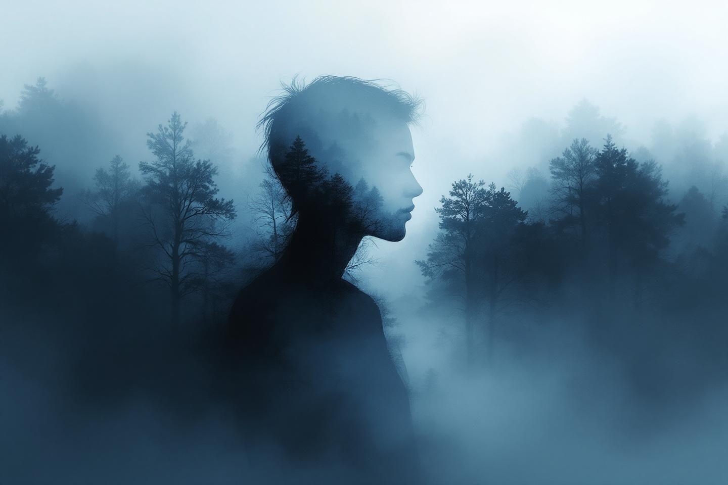 Profil brumeux d'une silhouette parmi des arbres bleutés