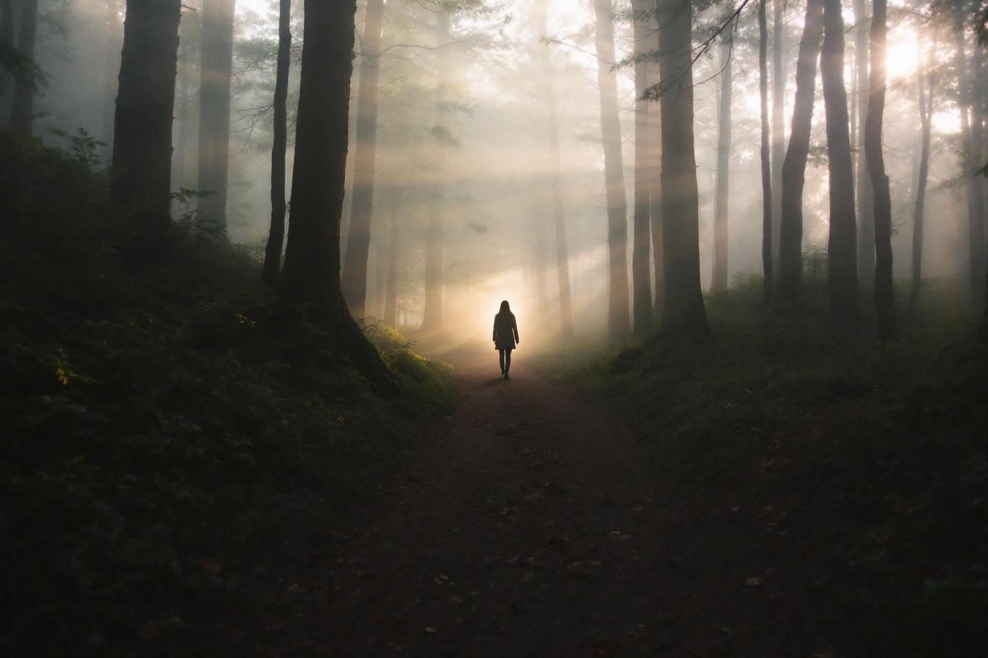 Promeneur solitaire sur un sentier dans une forêt mystérieuse et lumineuse