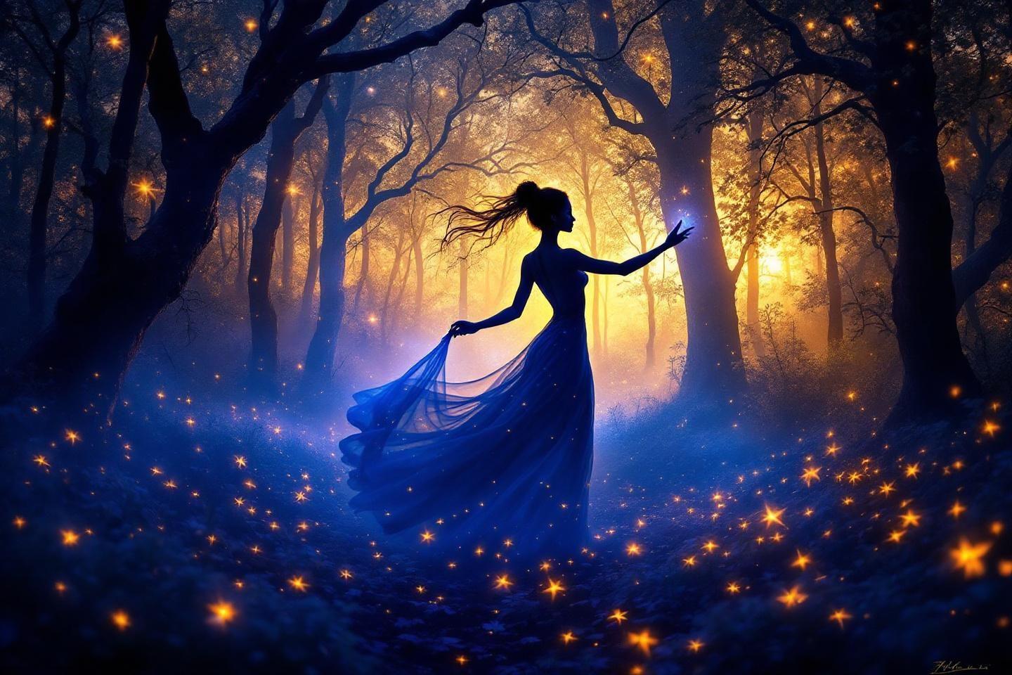Femme en robe bleue dansant parmi des lucioles magiques