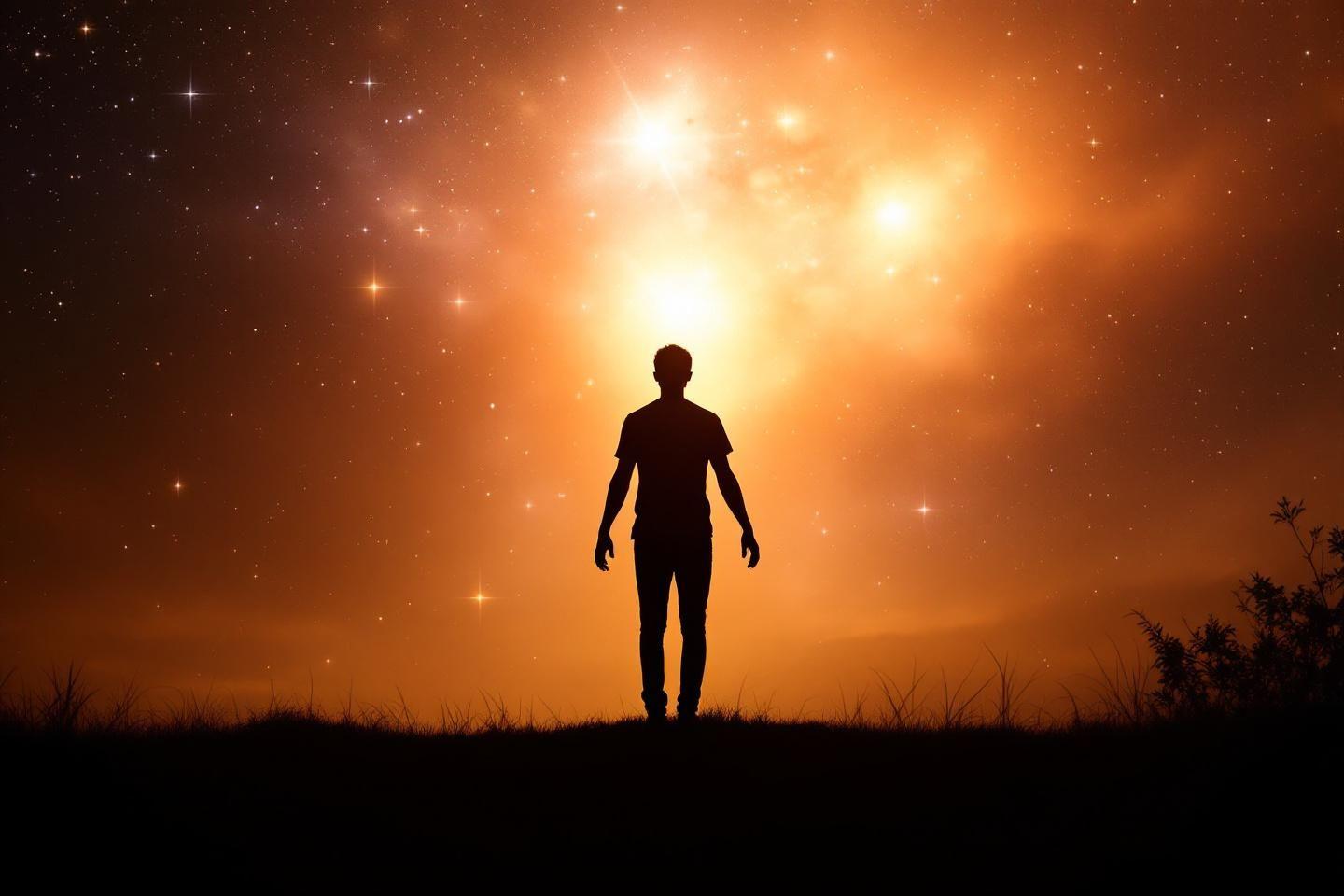 Silhouette debout devant un ciel étoilé orangé et lumineux
