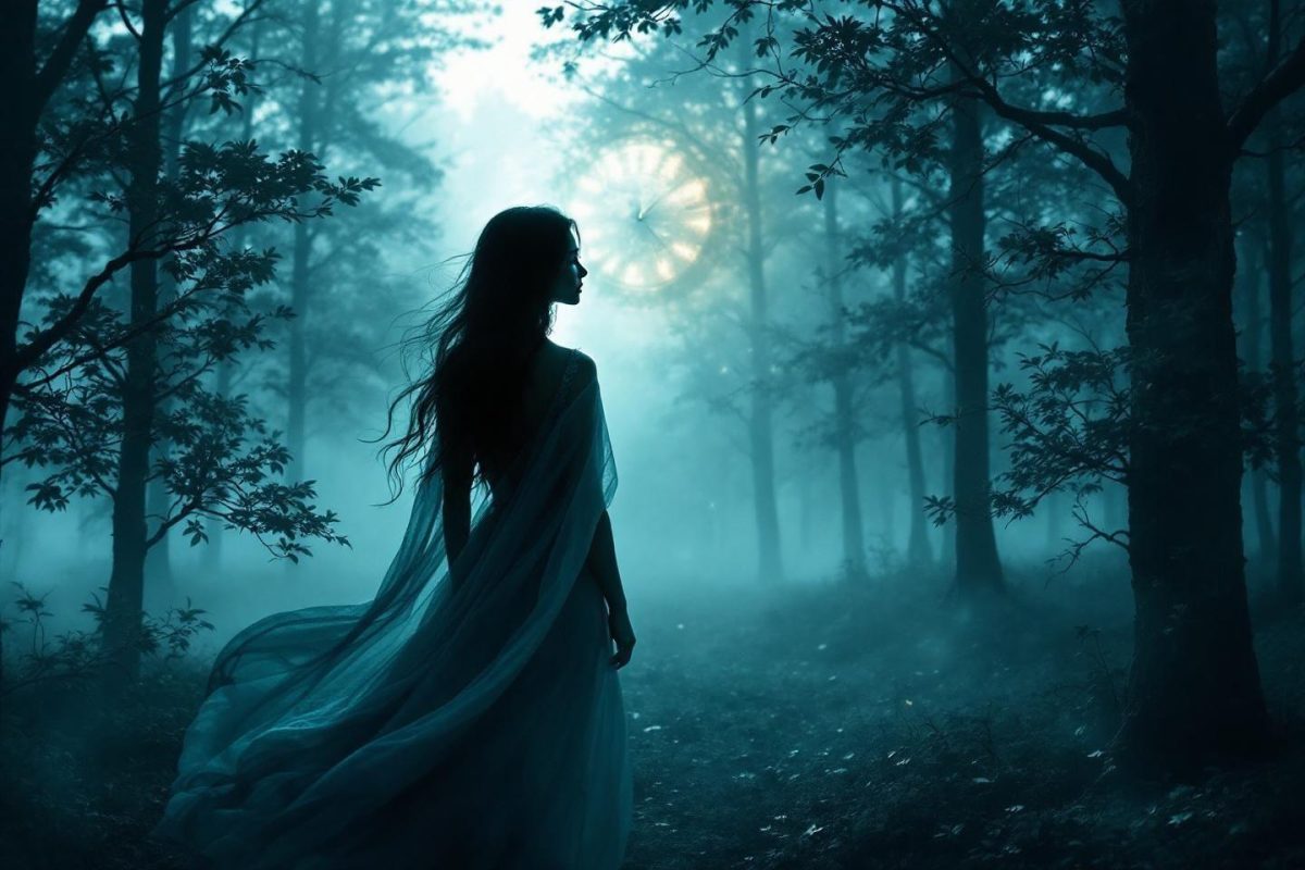 Femme fantomatique dans une forêt brumeuse aux tons bleu-vert