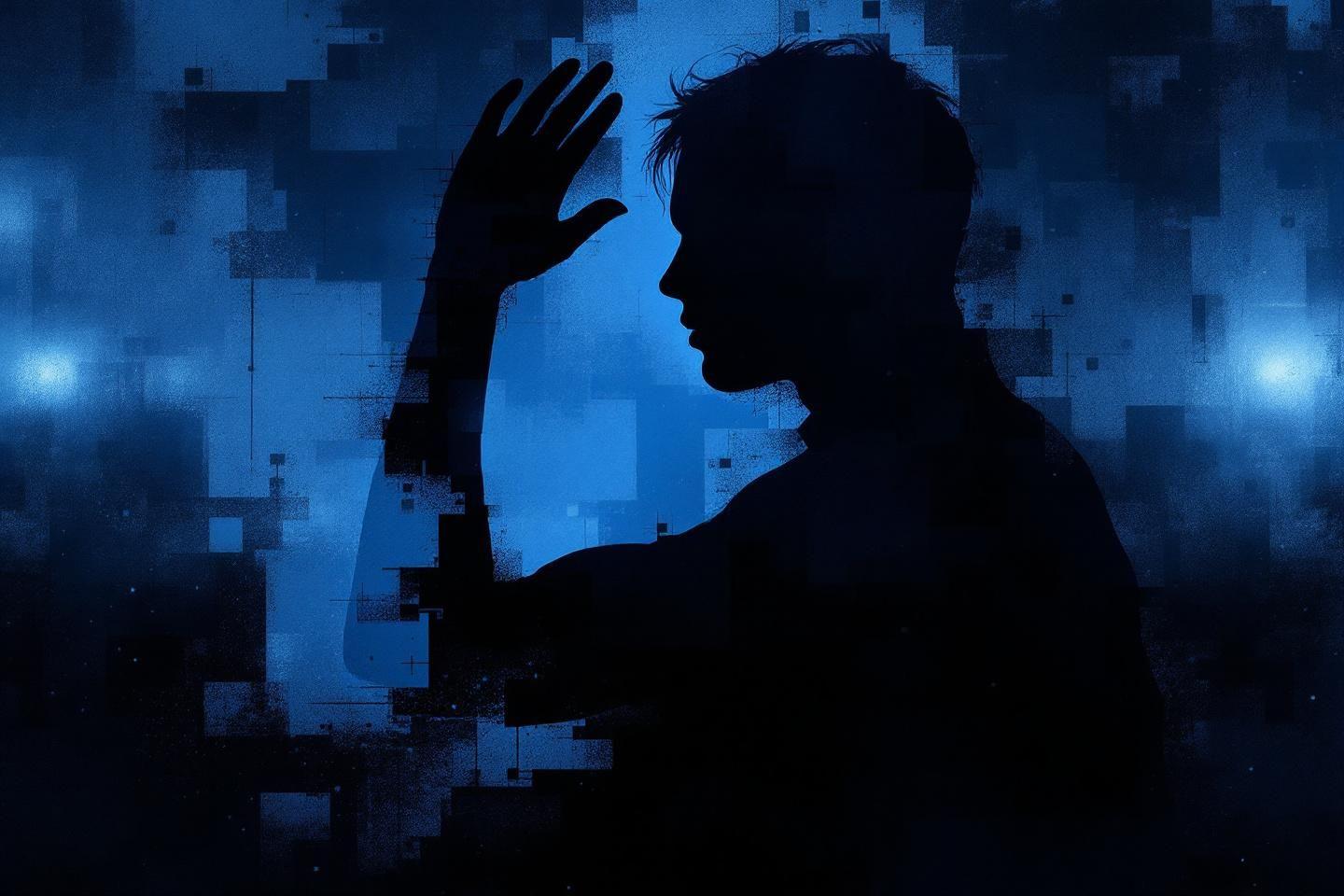 Silhouette sombre avec main levée sur fond pixélisé bleu