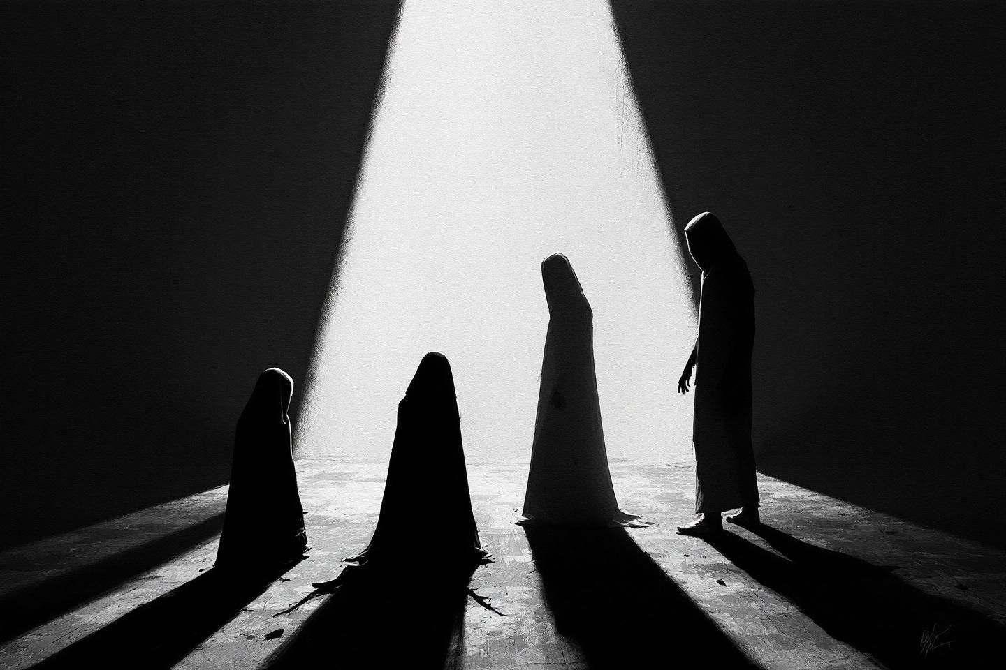 Quatre formes sombres projetant des ombres sous un faisceau lumineux